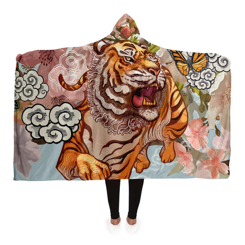 Tiger Among Cherry Blossom Unisex Hooded Blanket