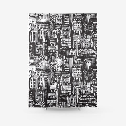 Skyscraper Black & White Buildings - Shower Curtain, Bathroom Curtains