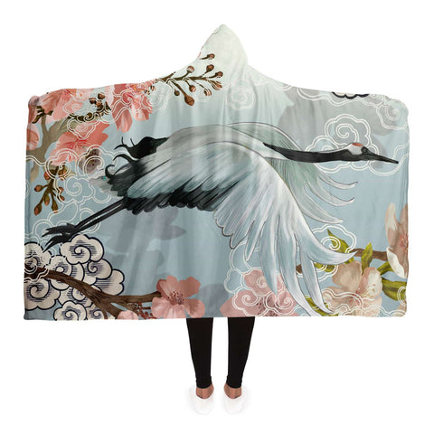 Flying White Japanese Crane Hooded Blanket