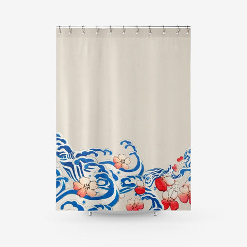 Japanese Wave With Sakura - Shower Curtain, Bathroom Curtains